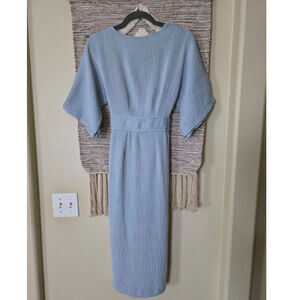 Closet London Light Blue Textured Midi Pencil Dress Kimono Sleeve Women's US 6